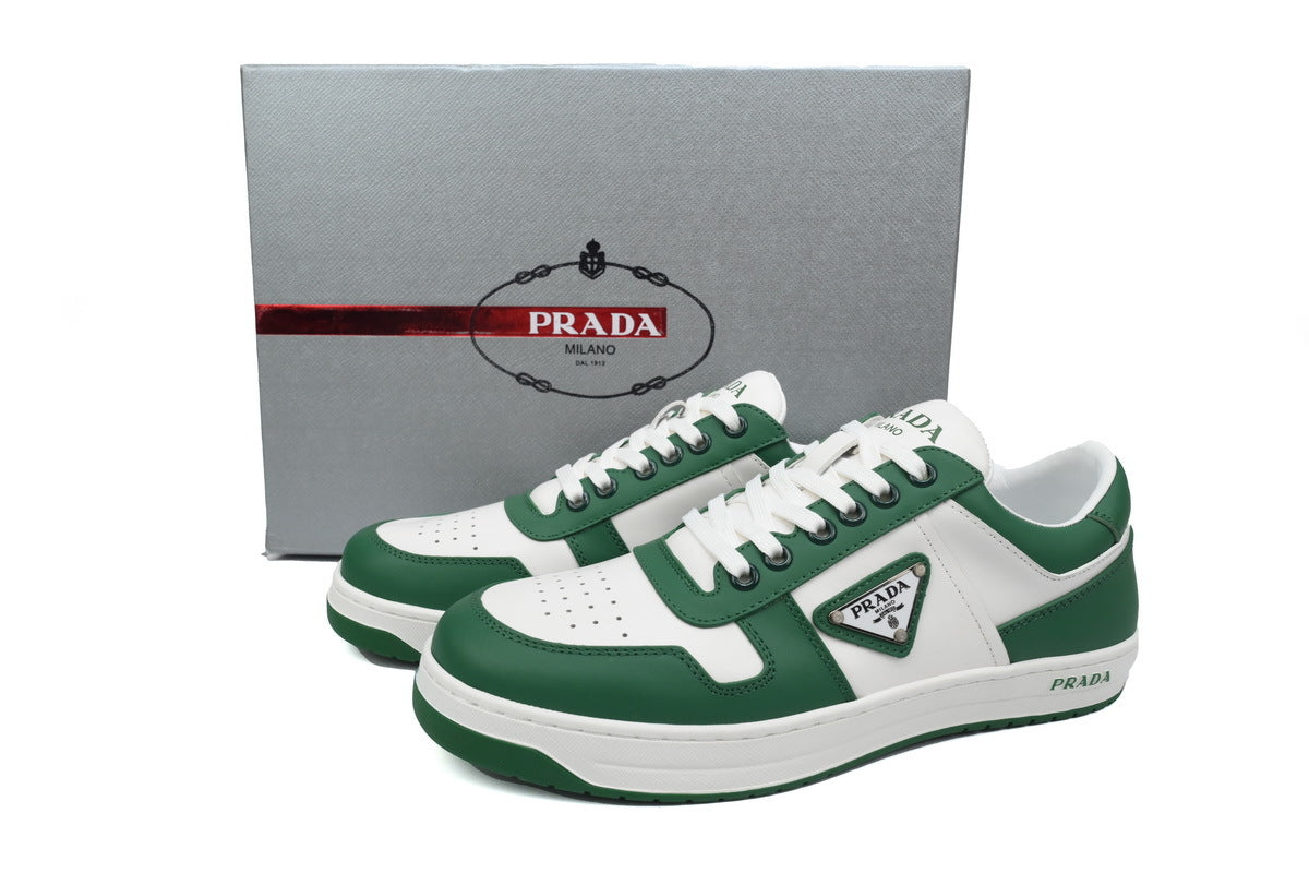 Prada Triangle Logo Leather Low Top Casual Sneakers "White Green"-Classic Casual Shoes/Women's Shoe Sale / Men's Shoe Sale
